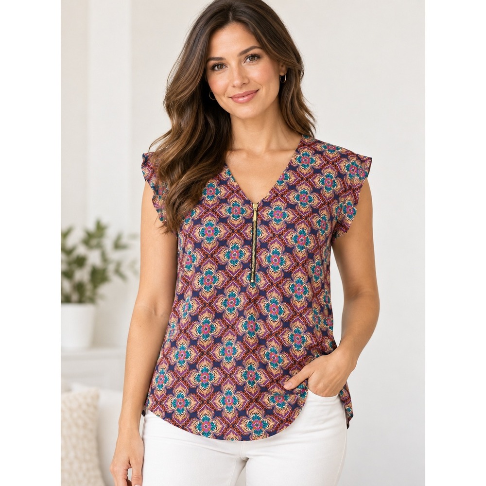 Express Womens Floral Mandala Zip Front V-Neck Blouse Size Small Boho Purple Top